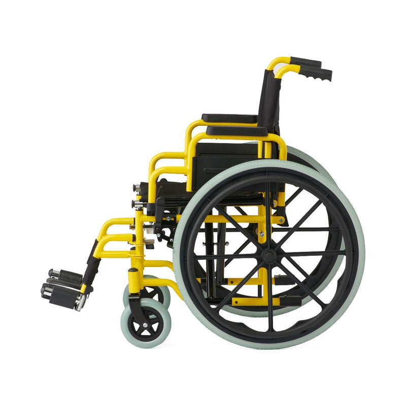 Wheelchair with yellow frame and black seat on a white background
