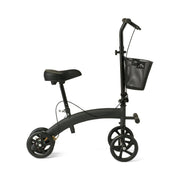 Black knee walker with a seat and basket on a white background