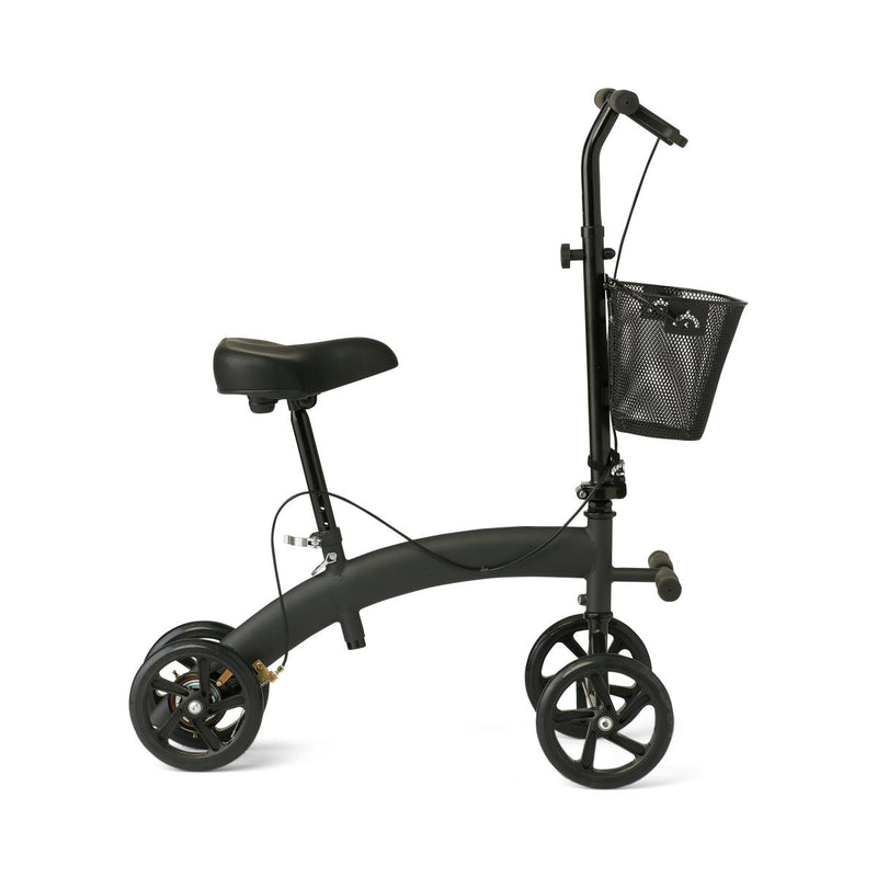 Black knee walker with a seat and basket on a white background