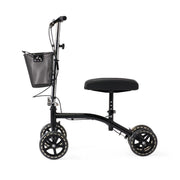 Black knee scooter with a seat and basket on a white background