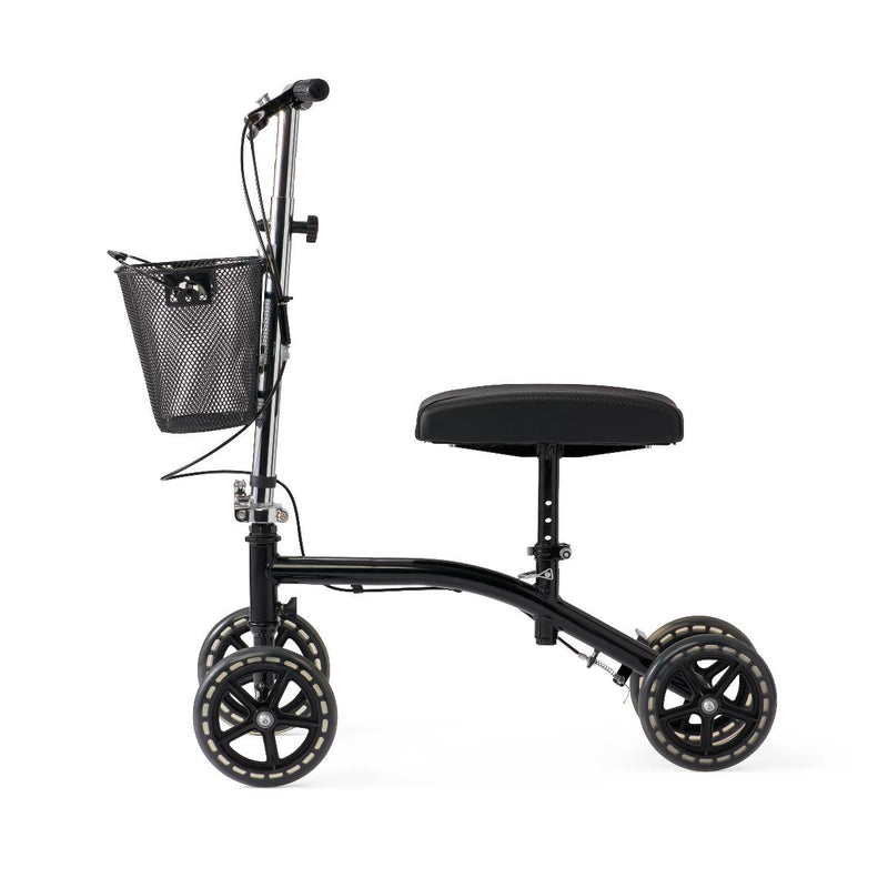 Black knee scooter with a seat and basket on a white background