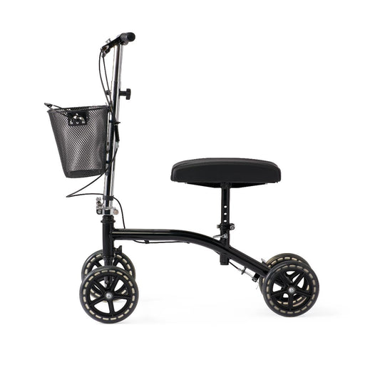 Black knee scooter with a seat and basket on a white background