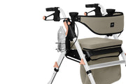 rollator with beige cushion and white frame on a white background