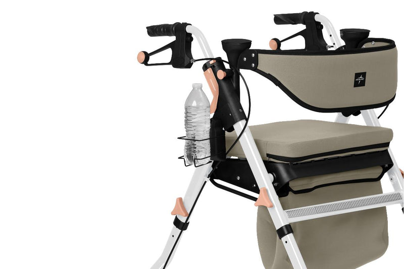 rollator with beige cushion and white frame on a white background