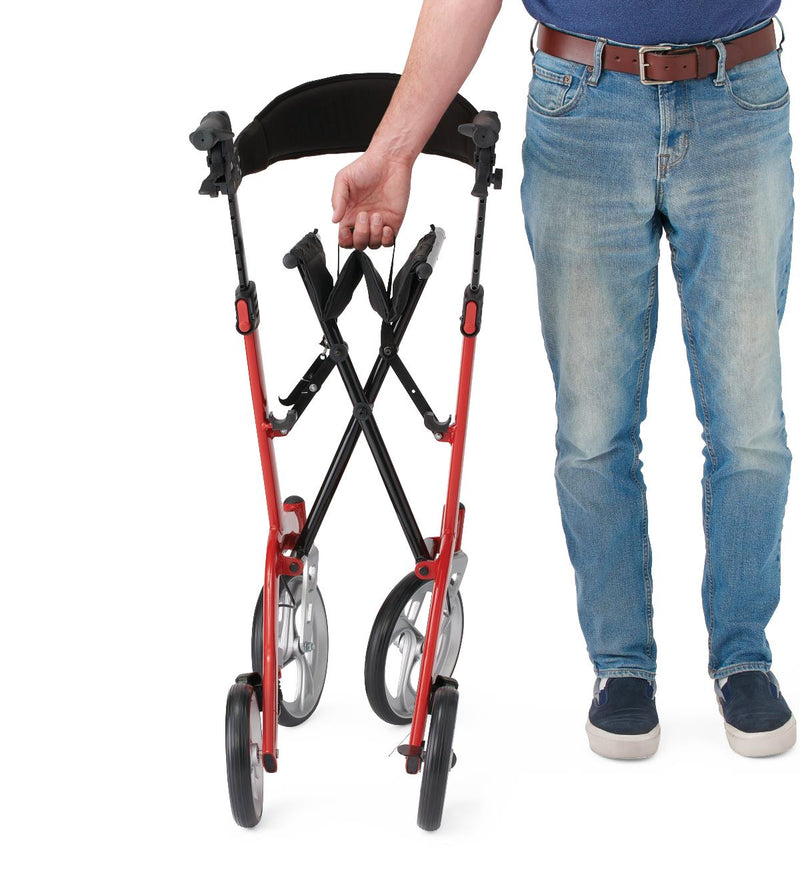 Person holding a red and black walker on a white background