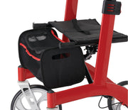 Red scooter with a black bag attached to it on a white background