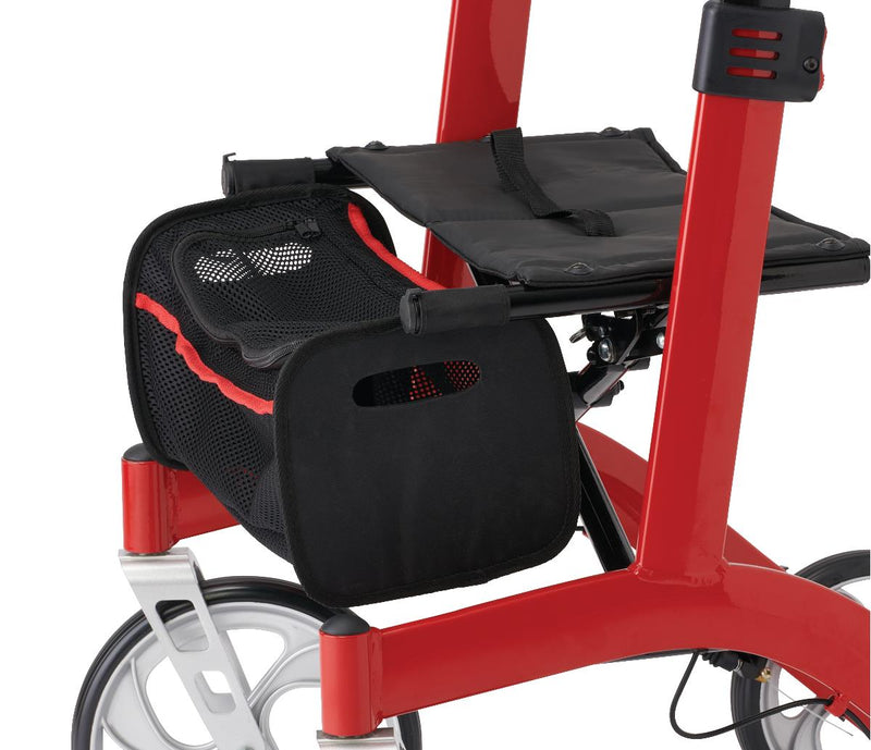 Red scooter with a black bag attached to it on a white background