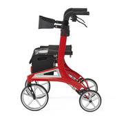Red rollator with black seat on a white background