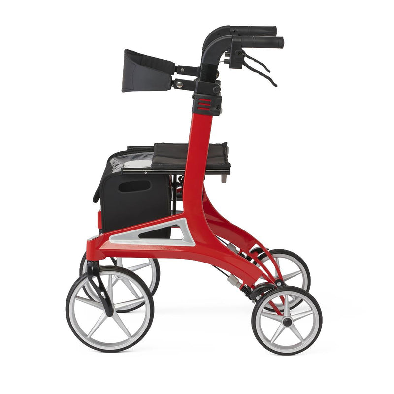 Red rollator with black seat on a white background
