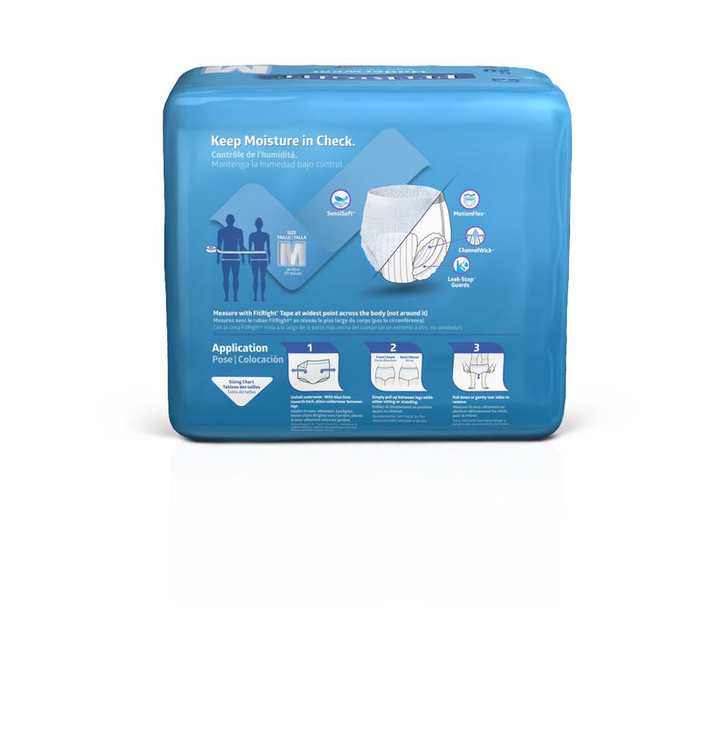 Blue package of adult diapers with instructions on a white background