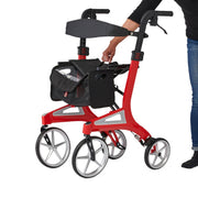Red rollator with a black bag on a white background