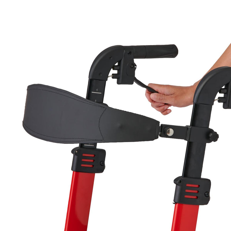 Close-up of a red and black scooter with a hand gripping the handle on a white background