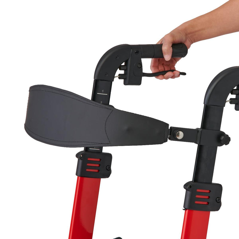 Red and black adjustable walking frame with a hand holding the handle on a white background