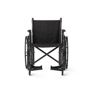 A black manual wheelchair with a fabric seat and backrest, shown from the front against a plain white background.
