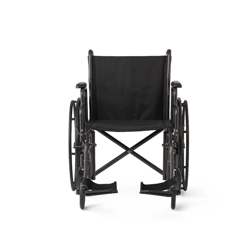 A black manual wheelchair with a fabric seat and backrest, shown from the front against a plain white background.