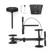 Black bicycle training wheel kit with an adjustable seat, front basket, training wheels, handlebar, mounting hardware, and Allen wrenches, arranged on a white background.