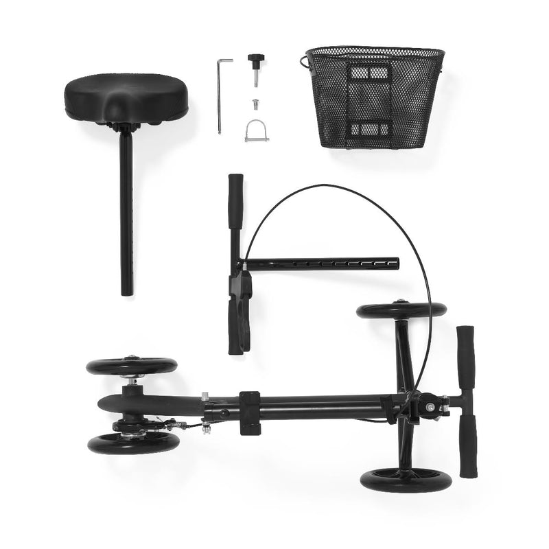 Black bicycle training wheel kit with an adjustable seat, front basket, training wheels, handlebar, mounting hardware, and Allen wrenches, arranged on a white background.