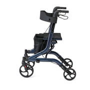 A dark blue and black rollator wheelchair with a seat, storage basket, and armrests, shown from a side profile on a white background.