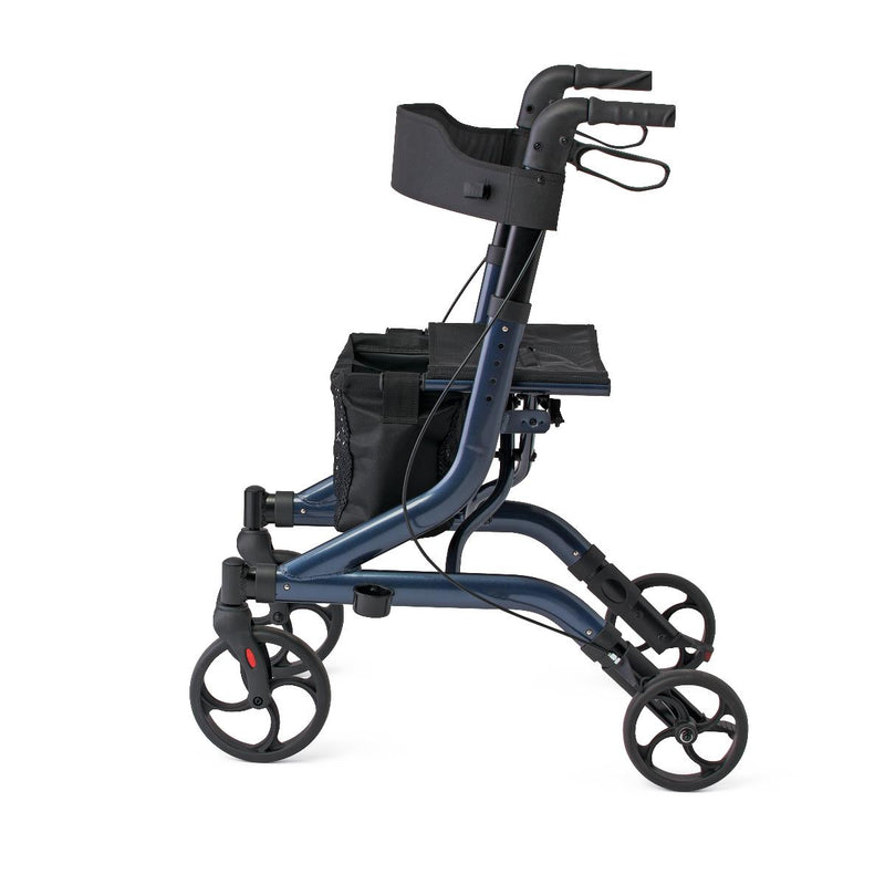 A dark blue and black rollator wheelchair with a seat, storage basket, and armrests, shown from a side profile on a white background.
