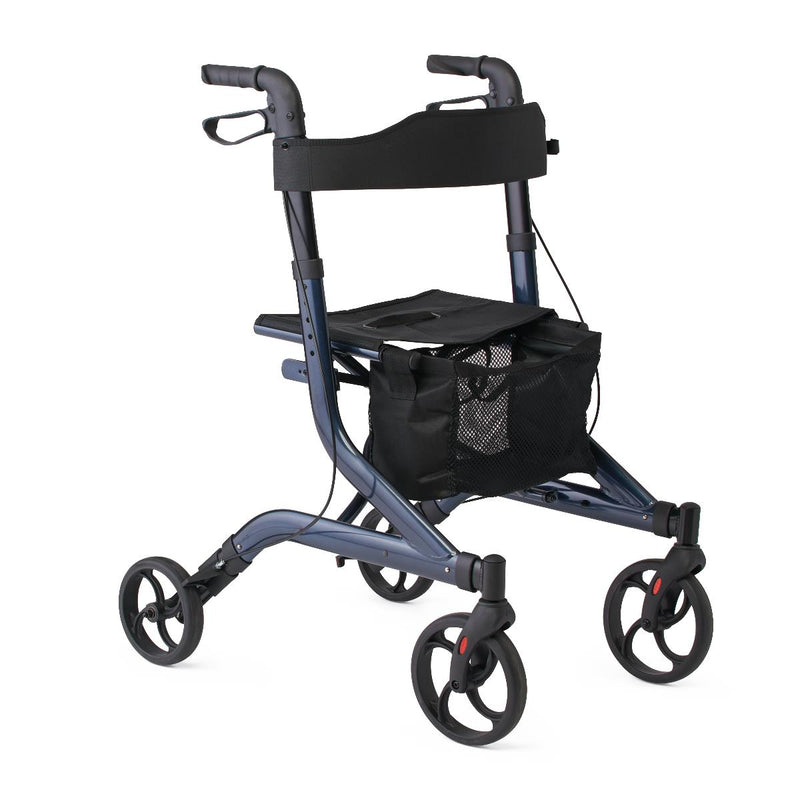 A dark blue and black rollator walker with a seat, armrests, and a front storage basket, shown on a plain white background.