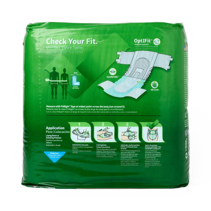 Green package of OptiFit adult diaper with instructions on a white background