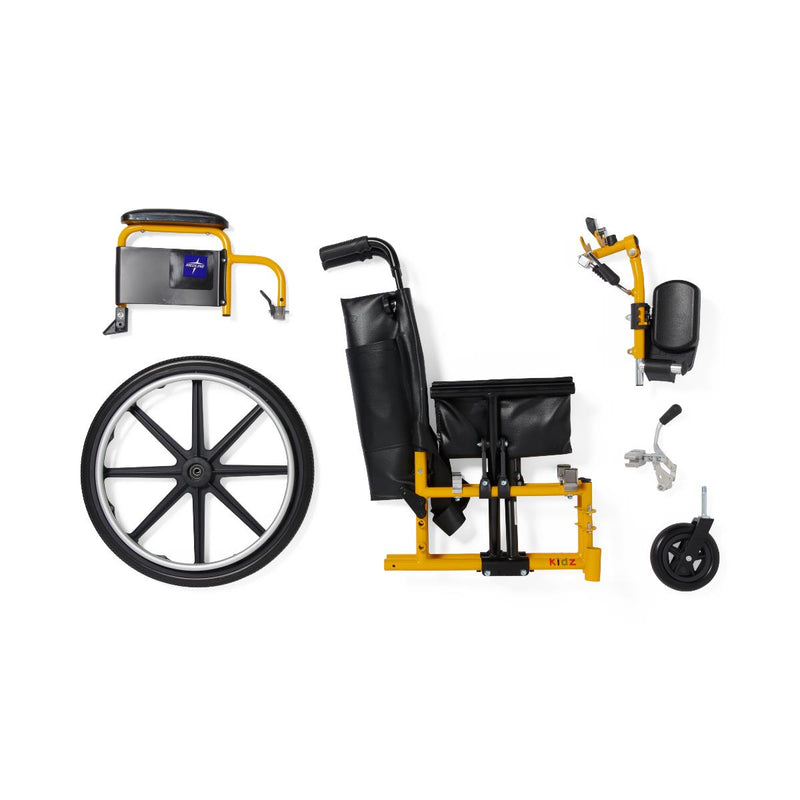 Yellow and black wheelchair with attached components on a white background