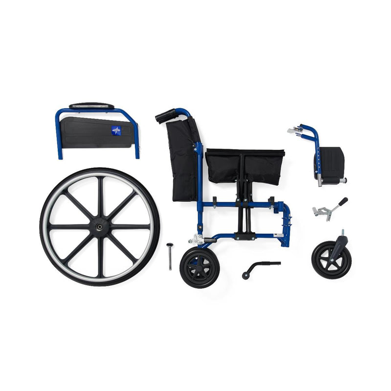 A disassembled blue and black power wheelchair shown on a clean white background, with the large rear wheel, folded seat, armrests, footrest, handlebar, and small accessories arranged separately.