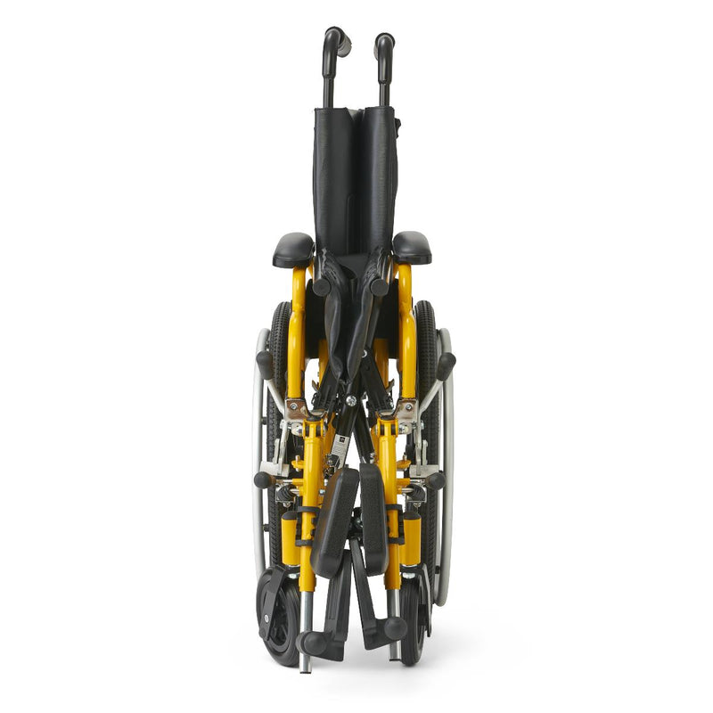 A folded manual wheelchair shown from the rear on a clean white background, featuring a bright yellow frame, black seat and backrest, and silver and black wheels.