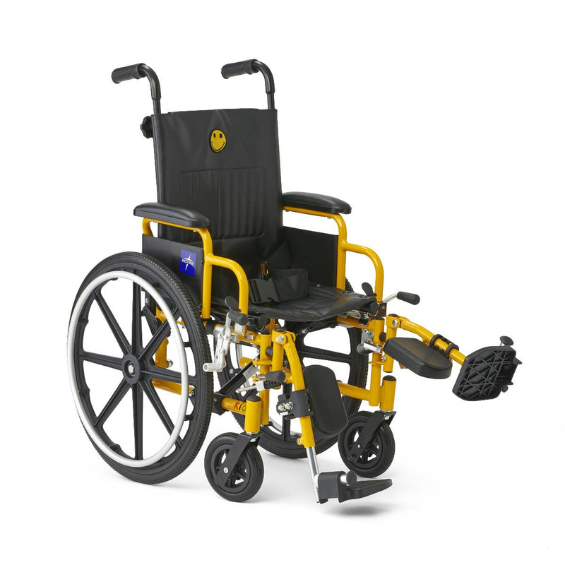 Yellow wheelchair with a visible brand logo on a white background