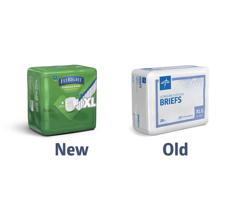 Packaging of FitRight traditional briefs in green and Incontinence Care cloth briefs in white on a white background.