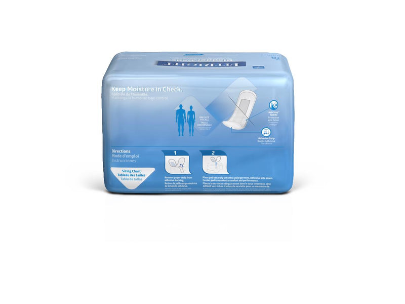 Blue package of incontinence pads on a white background