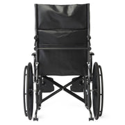 A black manual wheelchair shown from the rear view against a solid white background.