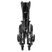 A black power wheelchair shown from the rear, folded upright against a solid white background.