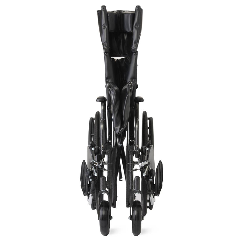 A black power wheelchair shown from the rear, folded upright against a solid white background.