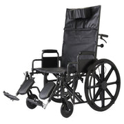 Black manual wheelchair with a high backrest, padded seat and armrests, large spoked rear wheels, and folded footrests, shown on a plain white background.