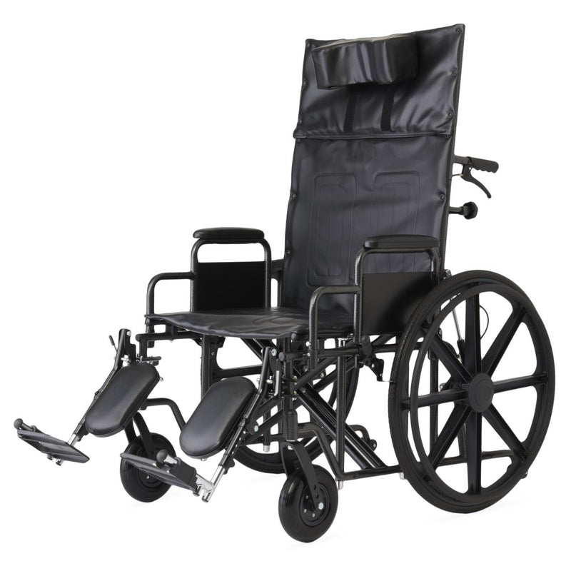 Black manual wheelchair with a high backrest, padded seat and armrests, large spoked rear wheels, and folded footrests, shown on a plain white background.