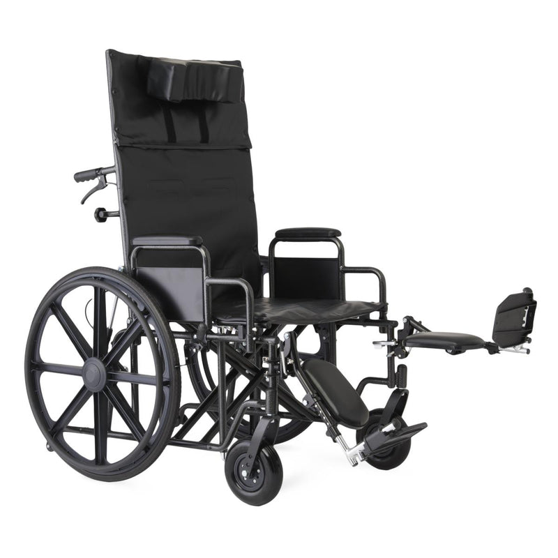 A black manual wheelchair with a high backrest, padded seat, extended footrest, and large spoked rear wheels, photographed on a plain white background.