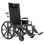 Black manual wheelchair with a high backrest, padded seat, armrests, and extended footrests, photographed on a plain white background.