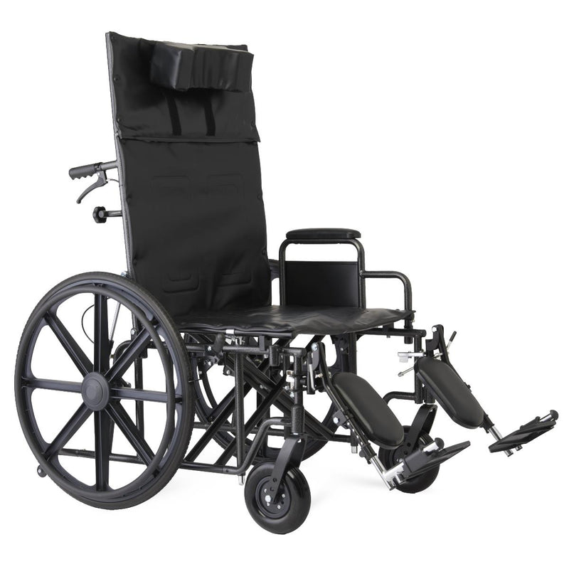 Black manual wheelchair with a high backrest, padded seat, armrests, and extended footrests, photographed on a plain white background.