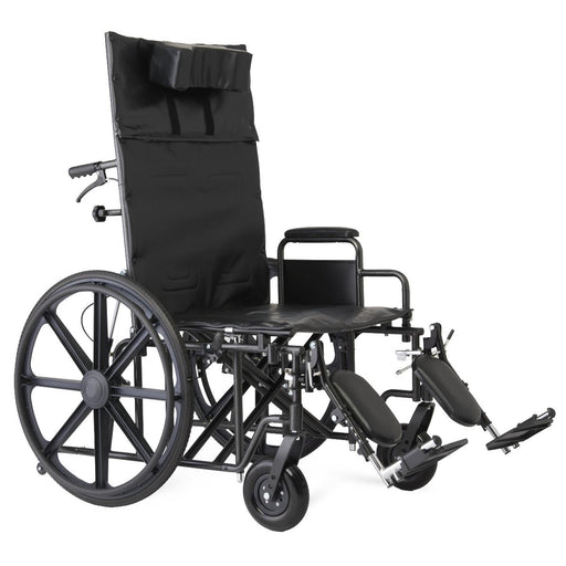 Black manual wheelchair with a high backrest, padded seat, armrests, and extended footrests, photographed on a plain white background.