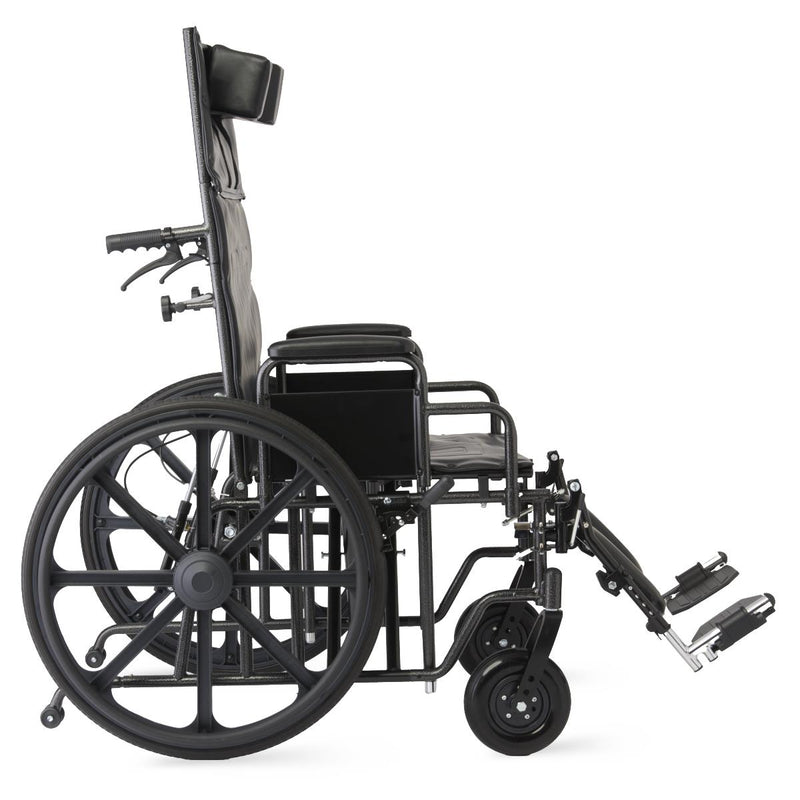 A black manual wheelchair shown from the side against a plain white background, with the footrest extended.