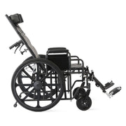 A black manual wheelchair with a fully extended adjustable backrest, armrests, and footrests, shown from a side profile view against a solid white background.