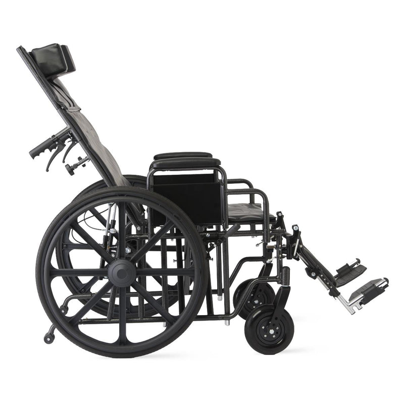 A black manual wheelchair with a fully extended adjustable backrest, armrests, and footrests, shown from a side profile view against a solid white background.