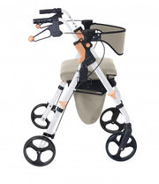 A four-wheel rolling walker with a white frame, black wheels and handlebars, and beige seat and side storage pockets, shown on a plain white background.