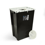 Black sharps container with a white lid and a small white container on a white background