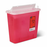 Red medical waste bin with a biohazard label on a white background