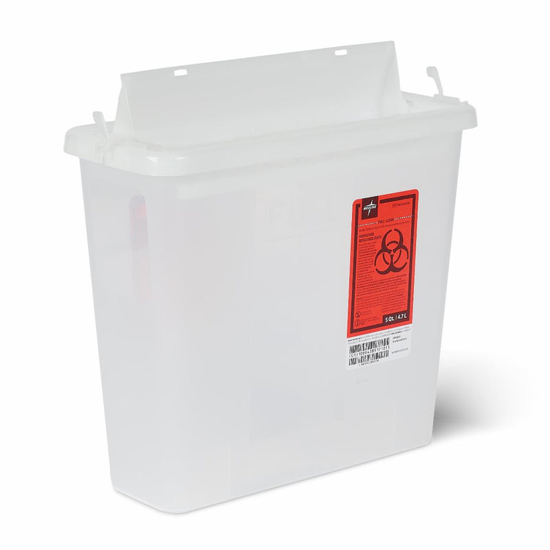 White medical waste bin with a red biohazard label on a white background