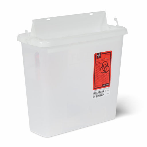 White medical waste bin with a red biohazard label on a white background