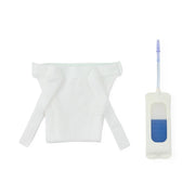 A white fabric garment with long sleeves and a wide waistband, shown next to a small white pouch with a blue insert and a clear tube, on a plain white background.