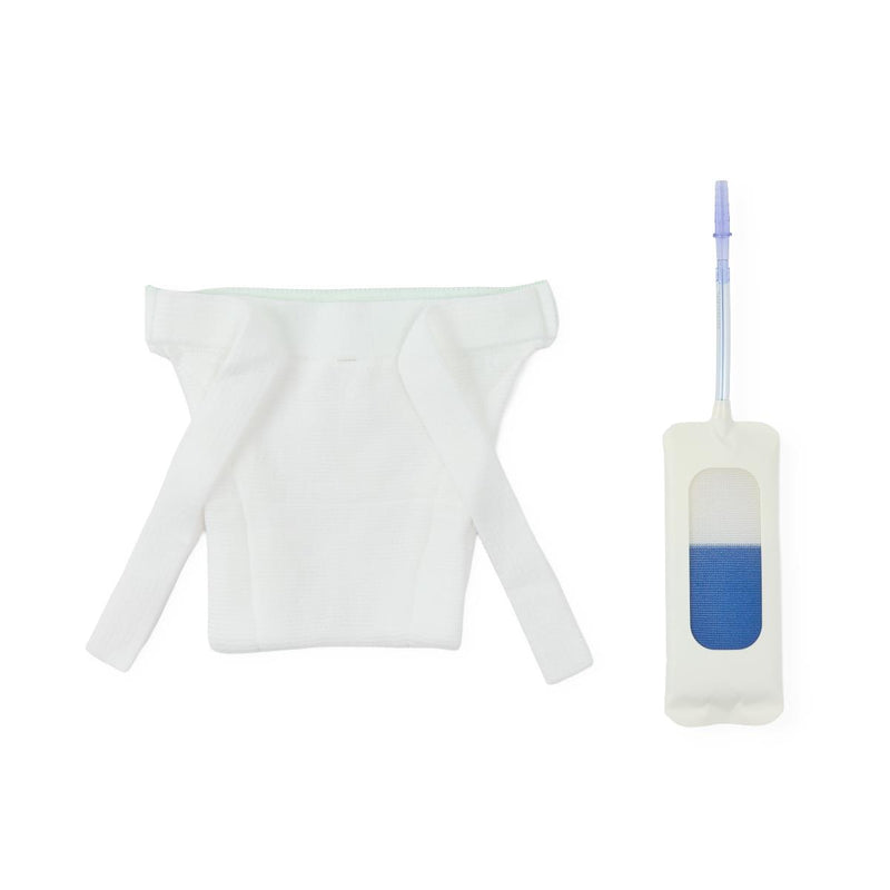 A white fabric garment with long sleeves and a wide waistband, shown next to a small white pouch with a blue insert and a clear tube, on a plain white background.